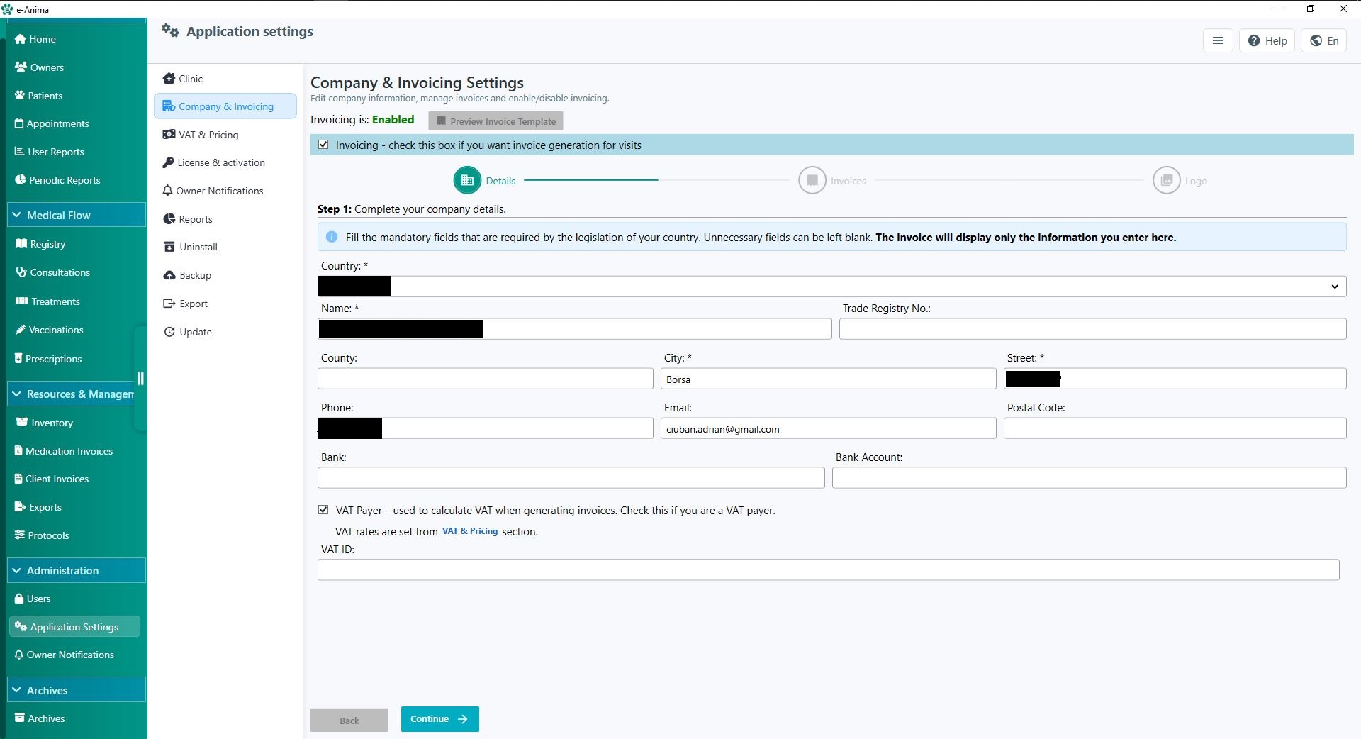 Screenshot showing the form to complete for the fiscal module in e-Anima